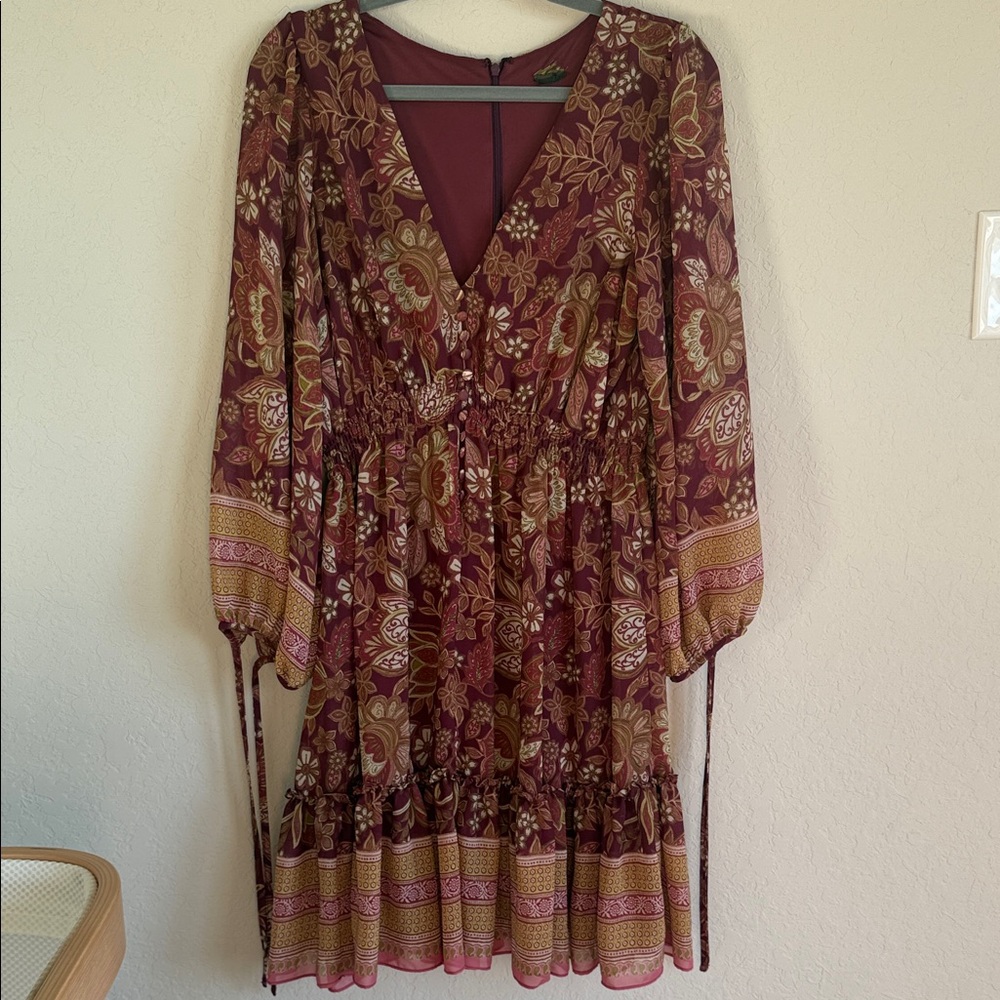Floral Bohemian Dress in Burgundy and Gold